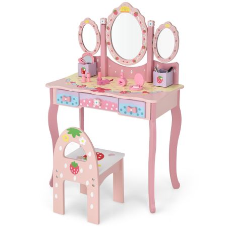Set toeletta con specchio tripartito e 3 cassetti per bambini, Tavolo da trucco con sgabello e 2 scatole Rosa