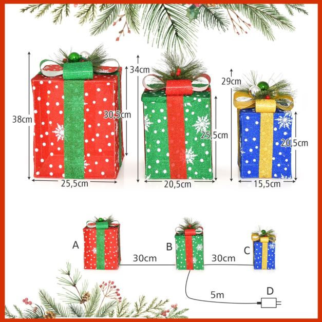 OVOISSTIY Set di 3 LED Luci Scatola Regalo Natalizie, Scatole Regalo LED di Natale 8 modalità a Batteria, Scatole Natalizie Regalo Luminose per Albero di Natalizie, Decorazione Natalizia (colorato