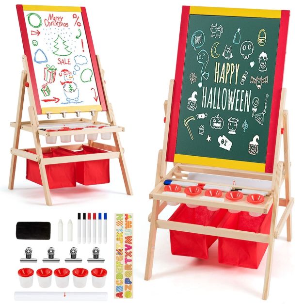 Cavalletto per bambini 3-1, lavagna magnetica e lavagna bianca, pittura su carta, grande contenitore con borsa in tela, set per pittura con colori a dita, gessetti, magneti con numeri e lettere, blu