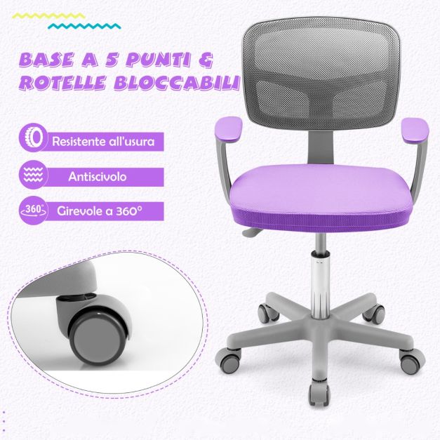Sedia Da Scrivania Girevole FurnitureR Senza Braccioli - In Tessuto A Rete Viola, Regolabile In Altezza, Con Ruote - Per Ufficio, Camera Da Letto E Gaming