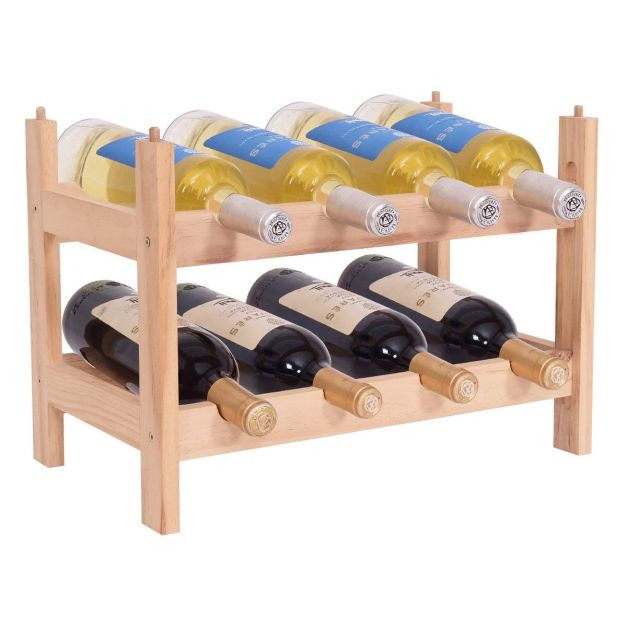 Scaffale portabottiglie impilabile in legno massello per 8 bottiglie Porta  vino a tavolo 2 ripiani 43x31x25cm - Costway