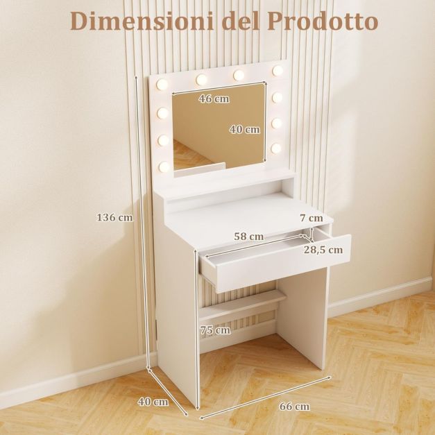 Scrivania Trucco Con Specchio LED E Luci, Tavolo Toeletta Con Cassetti E Prese USB - Bianco - 4