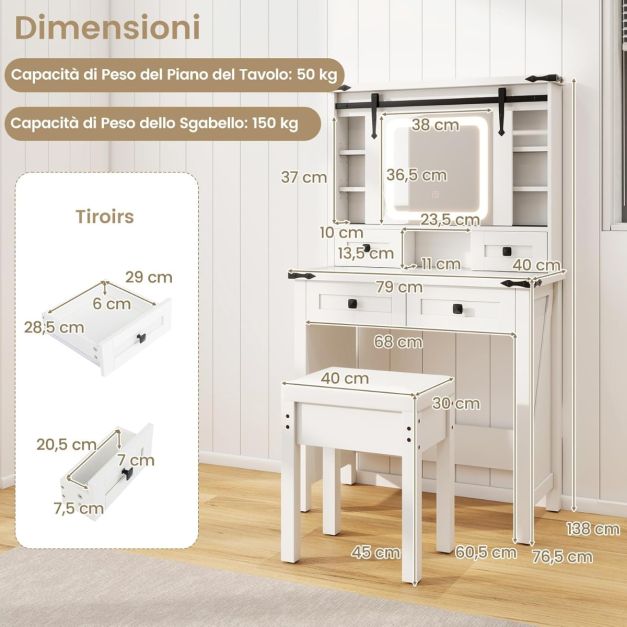Scrivania Da Trucco Professionale Con Specchio Illuminato A LED E Presa USB | 3 Cassetti E Sgabello Incluso | Bianco
