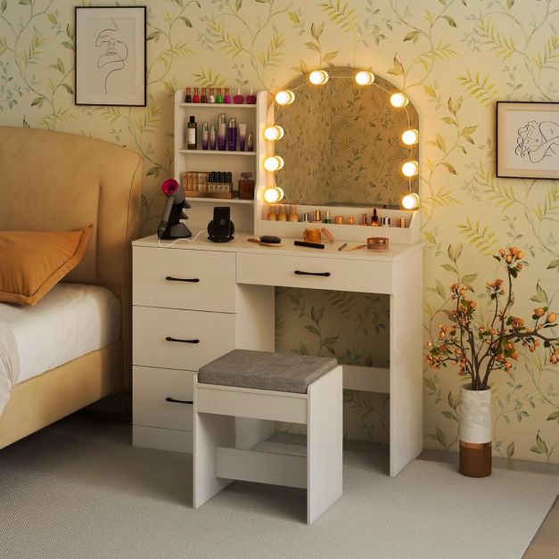 Tavolo Trucco con Specchio LED e Stazione Ricarica