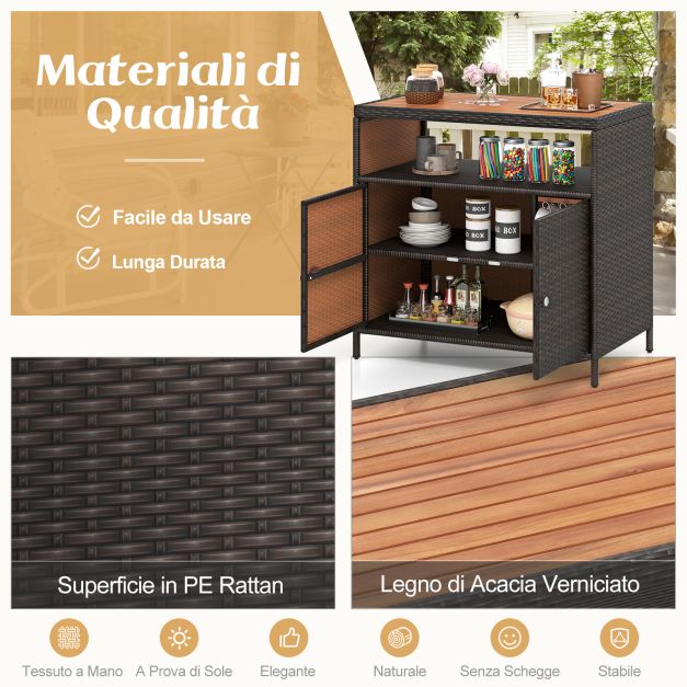 Armadietto Portaoggetti In Rattan Naturale Con Ante - Mobile Da Pavimento Per Bagno, Soggiorno E Cucina, Finitura Impermeabile - 4