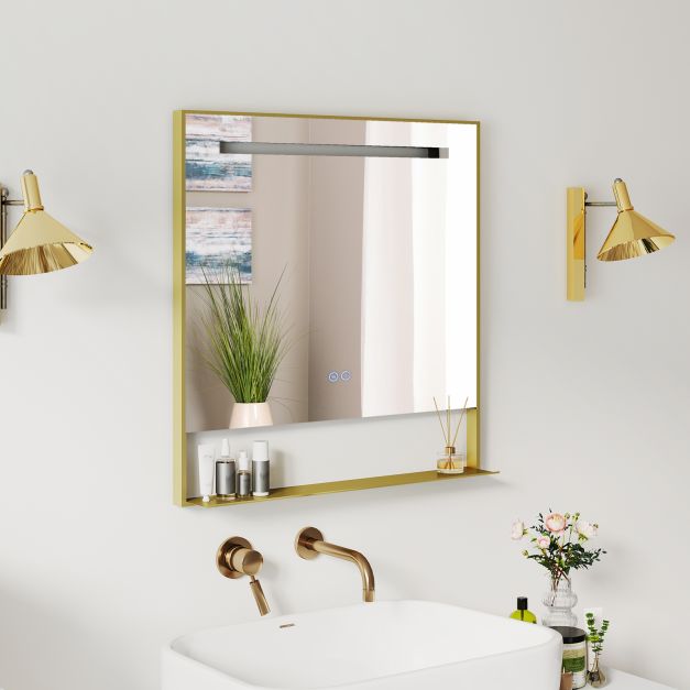 Specchio bagno led 80x60/88,5x50cm cornice alluminio mensola antiappannamento, Specchio trucco parete 3 colori luce luminosità regolabile