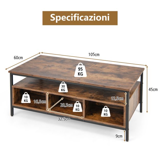 GiftGo Tavolino da caffè rustico con contenitore, moderno, a 3 ripiani