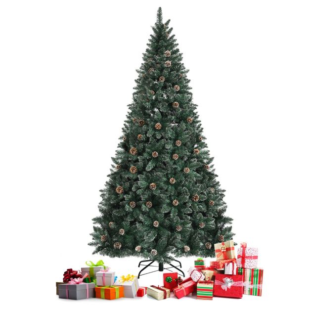 Albero di Natale artificiale innevato, Albero con 1400 punte di rami 89 pigne supporto in metallo 225CM
