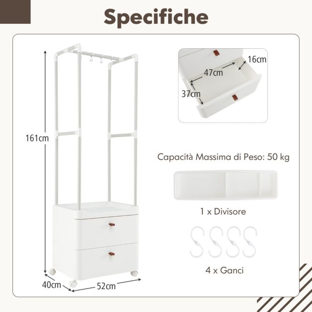 COSLD Appendiabiti Con Ruote In Metallo - Doppia Asta E Doppi Ripiani - 110x50x165,5 Cm - 3