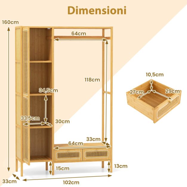Yorbay Appendiabiti In Bambù A 2 Livelli Con Scatola In Tessuto, Regolabile E Pieghevole, 80x45x177 Cm, Naturale