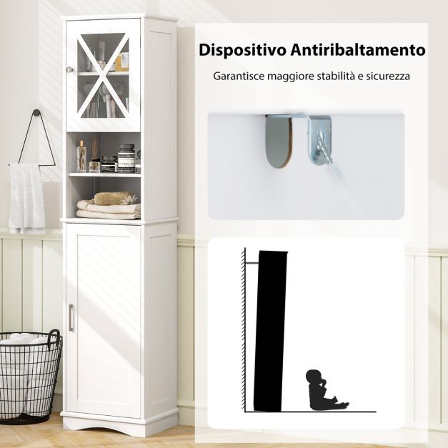 Armadietto Da Bagno Alto E Stretto 170x35x30 Cm | Bianco Con Ante E Ripiani Regolabili | Mobile Contenitore Antiribaltamento Per Casa E Cucina