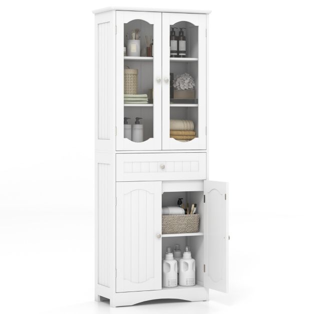Armadio alto 19 x 19 x 77 cm, in legno e plastica, grande capacità, sottile armadietto da bagno con divisorio e porta, bianco multiuso con supporto per carta igienica