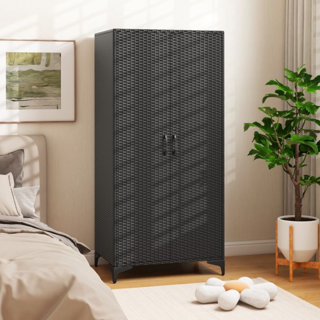 Armadio Aperto A 4 Ripiani, 187x90x45 Cm, Con Ruote E Barra Appendiabiti, Nero - 2