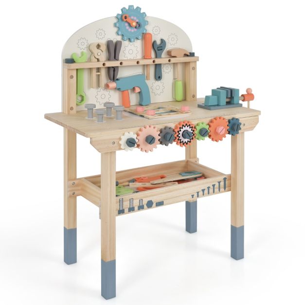 Banco da lavoro per bambini con attrezzi e accessori realistici e ripiano, Banchetto  da lavoro in legno Colorato - Costway