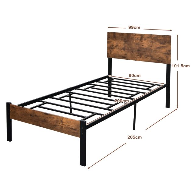 Letto Matrimoniale King Size In Metallo Con Testiera E Pediera In Legno Vintage Marrone - Struttura Con Doghe Metalliche, 9 Gambe, Silenzioso, Facile Da Montare