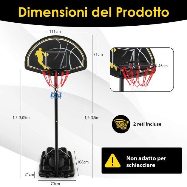 Lischwert Canestro Da Basket Regolabile Per Esterno – Altezza Da 128 A 305 Cm – Con Ruote E Base Riempibile – Ideale Per Bambini, Ragazzi E Adulti - 4