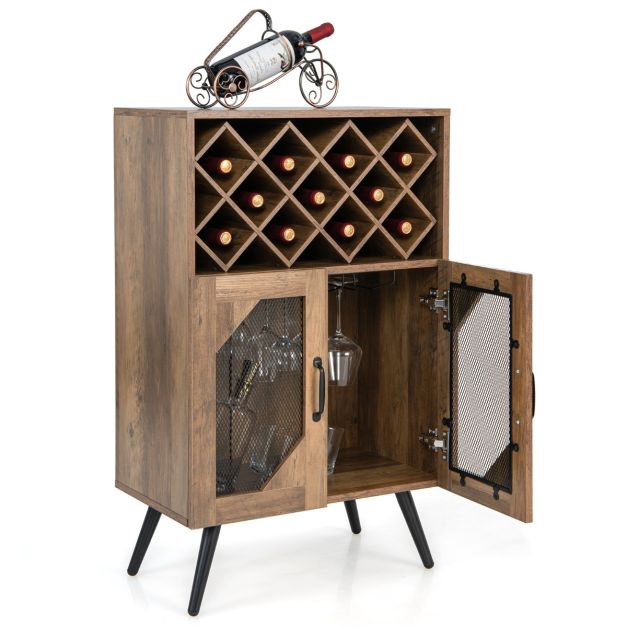 Cantinetta vino industriale con portabottiglie rimovibile, Credenza da  cucina con 2 ante in rete Marrone rustico - Costway