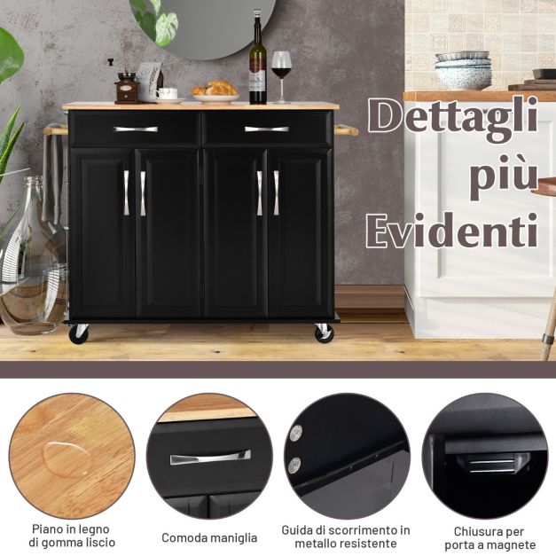 Carrello Portaoggetti Da Cucina Su Ruote Con 4 Ripiani - Metallo Vintage E Legno, Cestini Estraibili
