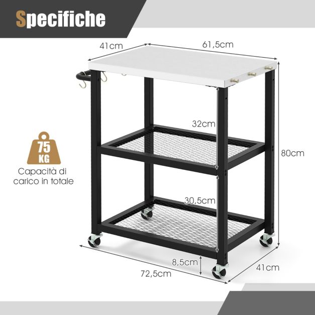 COSTWAY Carrello Barbecue Da Esterno Con 3 Ripiani, Carrello Da Cucina Esterno Con Ripiano Regolabile Carrello Multifunzionale Per Esterno Struttura In Metallo 74614875