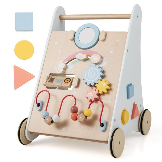Carrello primi passi per bambini in legno 7 in 1, Primi passi per spingere  e tirare con giochi educativi Bianco