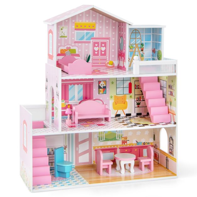 Casa delle bambole in legno per bambini, Set di gioco con 5 stanze e 10  mobili carta da parati 60x25x70cm Rosa - Costway