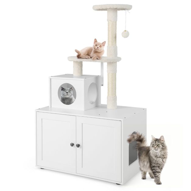 Casa per lettiera per gatti in legno con torre pallina tintinnante  divisorio, Mobile per gatti da interno 2 Colori - Costway