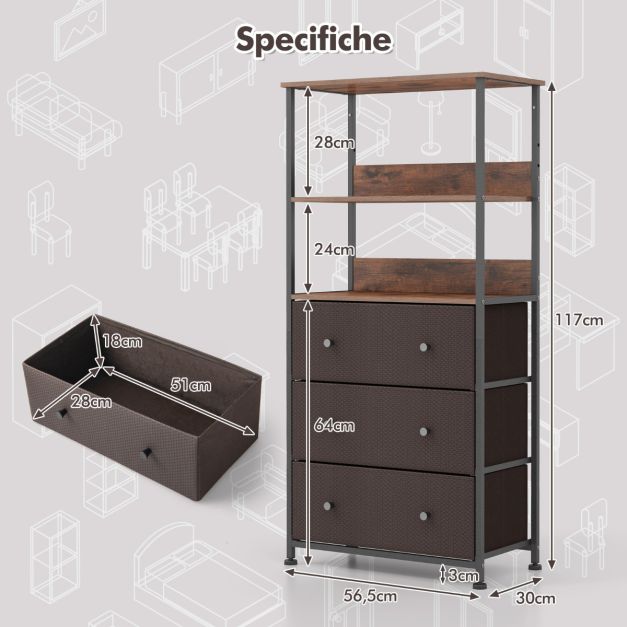 HOMCOM Cassettiera Industriale 3 Cassetti – Comò In Metallo E Legno Per Camera Da Letto, Soggiorno O Ufficio, Marrone Rustico - 2