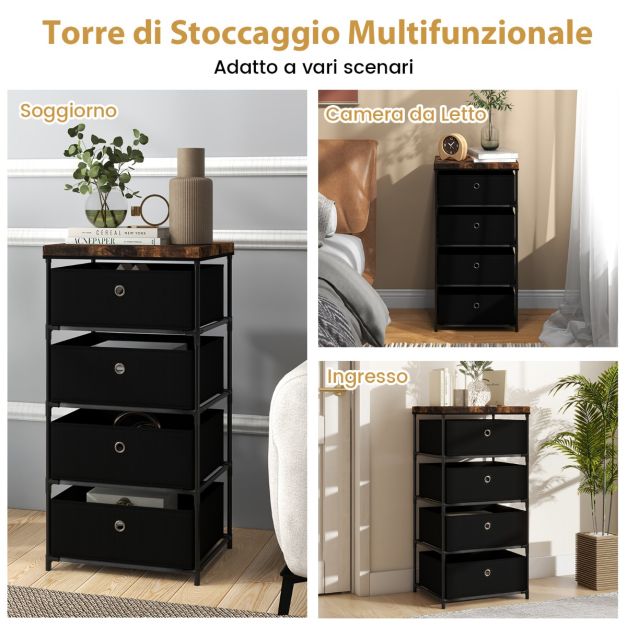 Comodino Alto Con 4 Cassetti In Tessuto E Luci LED - Torre Portaoggetti Con Stazione Di Ricarica USB E Prese, Bianco, 41x30x115,5 Cm - 2