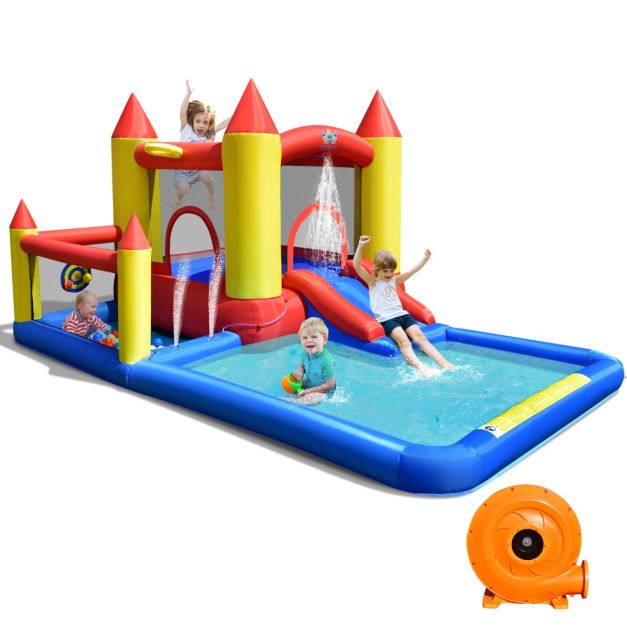 Castello gonfiabile per bambini con lo scivolo e piscina con spruzzi,  Scivolo gonfiabile con ventilatore 480W - Costway