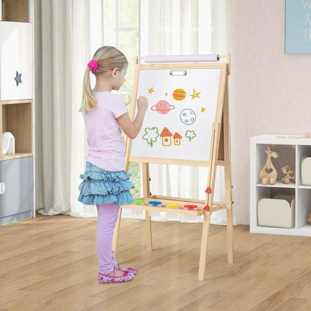 COSTWAY Cavalletto Artistico per bambini con Sgabello, Lavagna Magnetica a Secco a Doppia Faccia