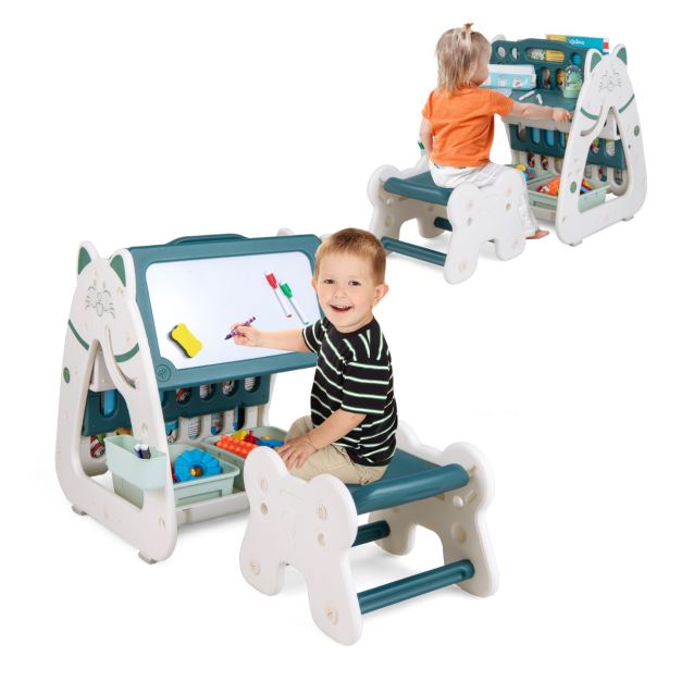 Cavalletto per bambini con sgabello, Lavagna magnetica a secco a doppia  faccia con scrivania ribaltabile - Costway