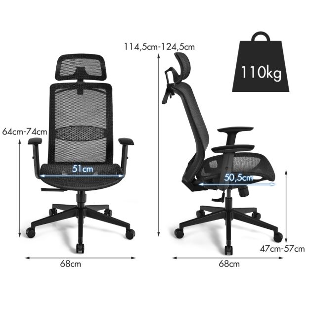 Sedia Da Ufficio Ergonomica Homracer In Rete – Reclinabile 145°, Girevole 360° Con Supporto Lombare – Nero/Bianco - 2