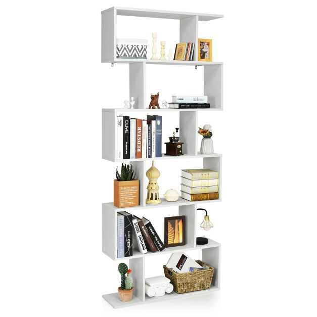 Libreria a 6 livelli a forma di S con dispositivo antiribaltamento,  Scaffale di legno per casa e ufficio Bianco - Costway