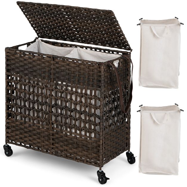 DuneDesign Cesto della Biancheria Sporca Bucato 70L Portabiancheria pieghevole con coperchio pouf per sedersi rettangolare con manici Marrone Scuro
