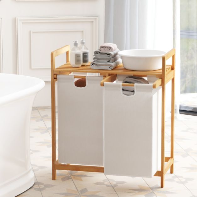 ML-Design Cesto Portabiancheria Con Struttura In Bambù Con Ripiano E 2 Scomparti In Tessuto 60 L Cassetta Per La Biancheria Con Ripiano 81841515