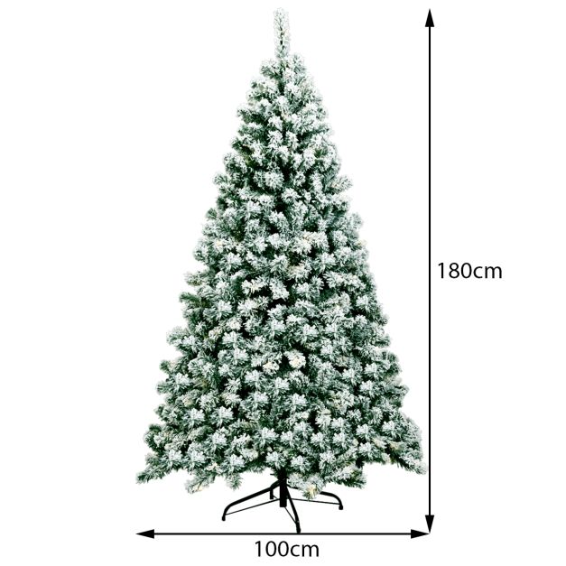 LIFEZEAL Albero di Natale con Luci Incorporate, 180 cm, con 350 Luci a LED, 641 Rami, Neve e Base in Metallo, Albero di Natale Slim, Christmas Tree da Casa e Negozio