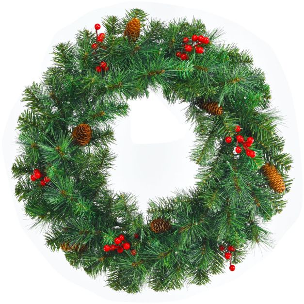 Ghirlanda Natalizia LED 60 Cm Con Pigne E Bacche Rosse - Illuminata A Batteria, Per Porta E Camino