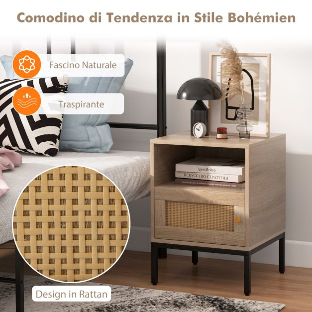 Tavolino Ripiano Aperto Rattan Comodino In Rattan Nero Con Cassetto - Tavolino Boho Per Camera Da Letto E Soggiorno, Design Con Rete E Gambe In Legno Comodino Rattan Legno Boho