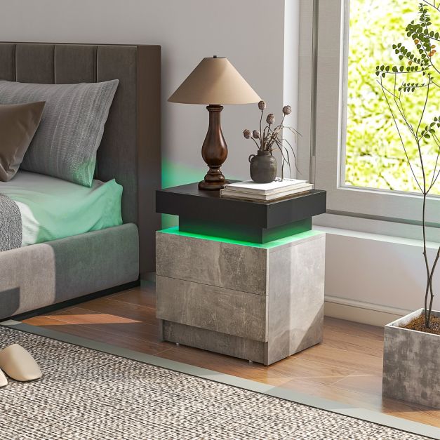 Comodino a 4 livelli, con 2 cassetti di stoccaggio, ripiani aperti, porte USB e illuminazione LED, mobile per camera da letto e soggiorno - Marrone