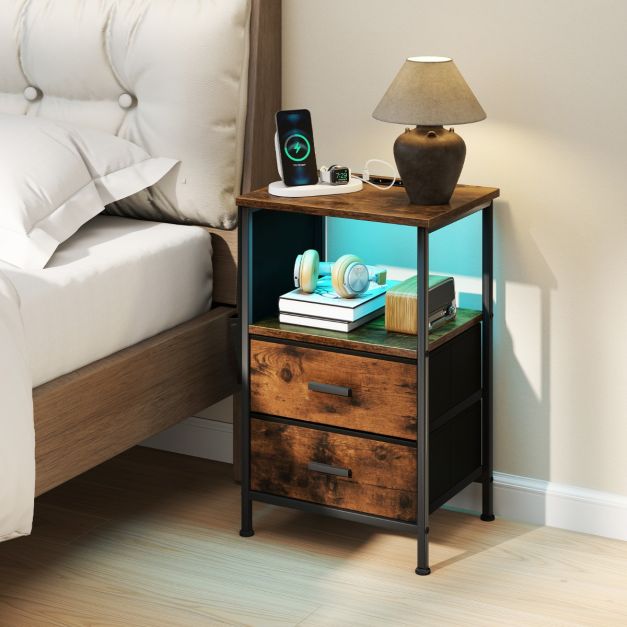 Tykacna Comodino largo 68 cm, grande comodino in legno con 2 cassetti, comodino a LED con stazione di ricarica e cassetto regolabile, comodino per soggiorno/camera da letto/studio/ufficio, retrò