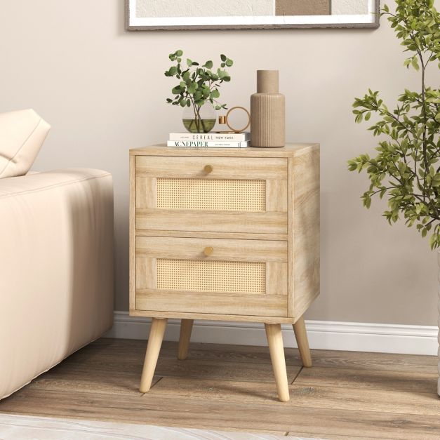 Comodino con 2 cassetti in rattan chiaro BUTTE