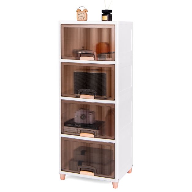 COSTWAY Contenitori Impilabili a 4 Livelli, 150L Scatole di Stoccaggio con Coperchio e Porte Magnetiche, Set da 4 Contenitori in Plastica per Camera da Letto Soggiorno Cucina, 45x38x117 cm
