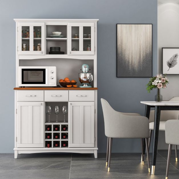 Credenza Buffet 140 Cm In Legno Bianco, Mobile Bar Con 2 Cassetti E 4 Ante In Stile Fattoria, Per Cucina E Soggiorno - 4