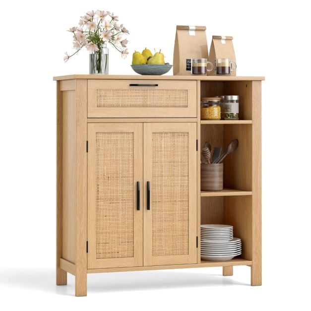 KOMFOTTEU Armadio da Esterno Impermeabile in Rattan, Armadietto Basso con Piano di Lavoro in Legno e Ripiano Aperto, Credenza da Cucina, Balcone, Giardino, Corridoio, 90 x 53 x 86 cm (Nero