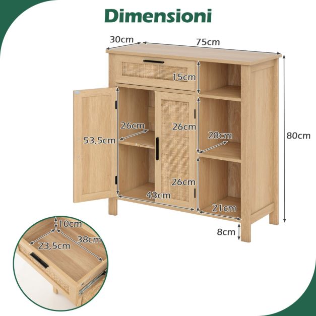 COSTWAY Credenza Buffet da Cucina, Mobile da Cucina con 2 Porte Intrecciate in Bambù, 3 Ripiani Aperti, per Cucina, Sala da Pranzo, Soggiorno e Ingresso, 120 x 35 x 78 cm