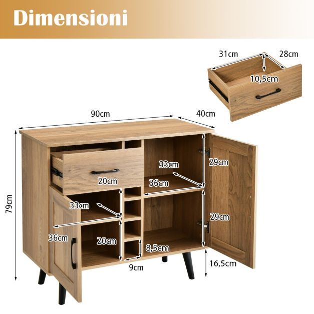 Credenza Buffet In Legno 140 Cm - Armadio A 4 Ante Con Ripiani Regolabili, Stile Fattoria Per Soggiorno E Cucina - 2