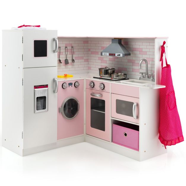 Cucina in legno rosa per bambine, cucine giocattolo bianca per bambina con  padella e pentola inclusa.