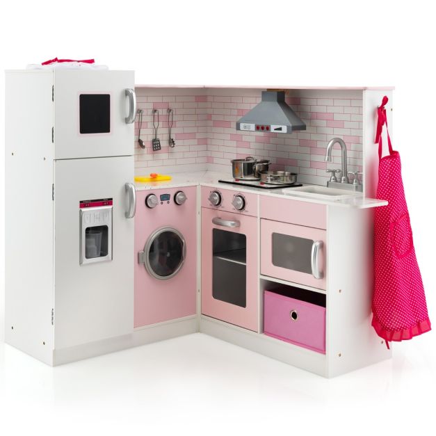 Cucina giochi con luce e suono, cucina per bambole in legno, 90 x 30 x 90 cm, cucina per bambini in legno, cucina giocattolo con 2 grandi scatole portaoggetti, giocattolo per bambini, con accessori