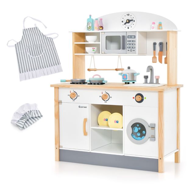 Cucina giocattolo per bambini con forno a microonde e lavatrice in legno,  Set da cucina per giochi di finzione - Costway