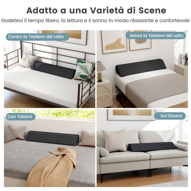 Cuscino A Cuneo Per Testiera Letto Queen – Riempitivo Memory Foam Con Tasche Laterali – 152x25x15 Cm Grigio - 2